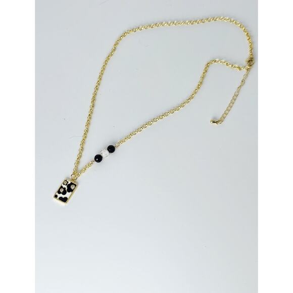 Black White Statement Necklace Flowers Enamel CZ Gold Plated Adjustable Chain - Picture 2 of 6